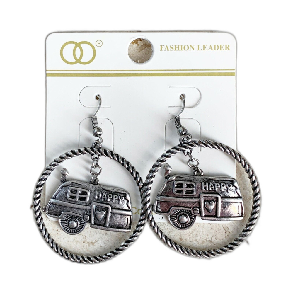 Happy Camper Earrings Silver Hoop Vintage Travel Trailer Charm Hook Jewelry NEW